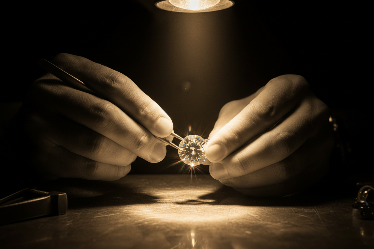 A dark, cinematic photo of a jeweler’s hands adjusting a diamond under a spotlight.
Background blurred. High contrast.
(Black/Gold mood)