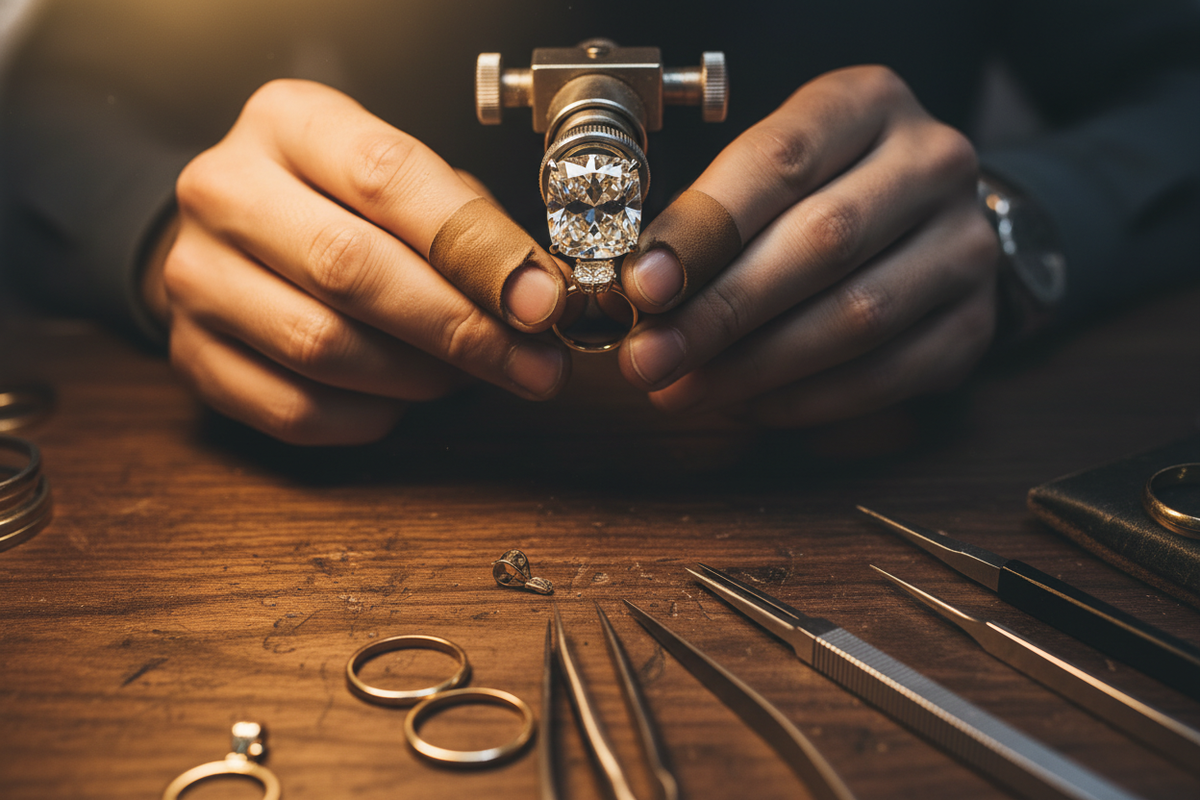 A jeweler adjusting prongs

Diamond under magnification

Tools on a dark wooden table

Gold reflections on metal