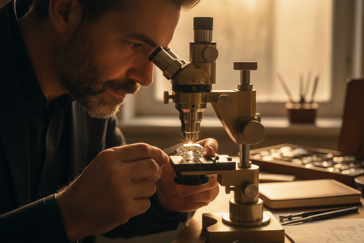 A jeweler looking through a microscope with a diamond under the lens.
Side lighting with gold glow.