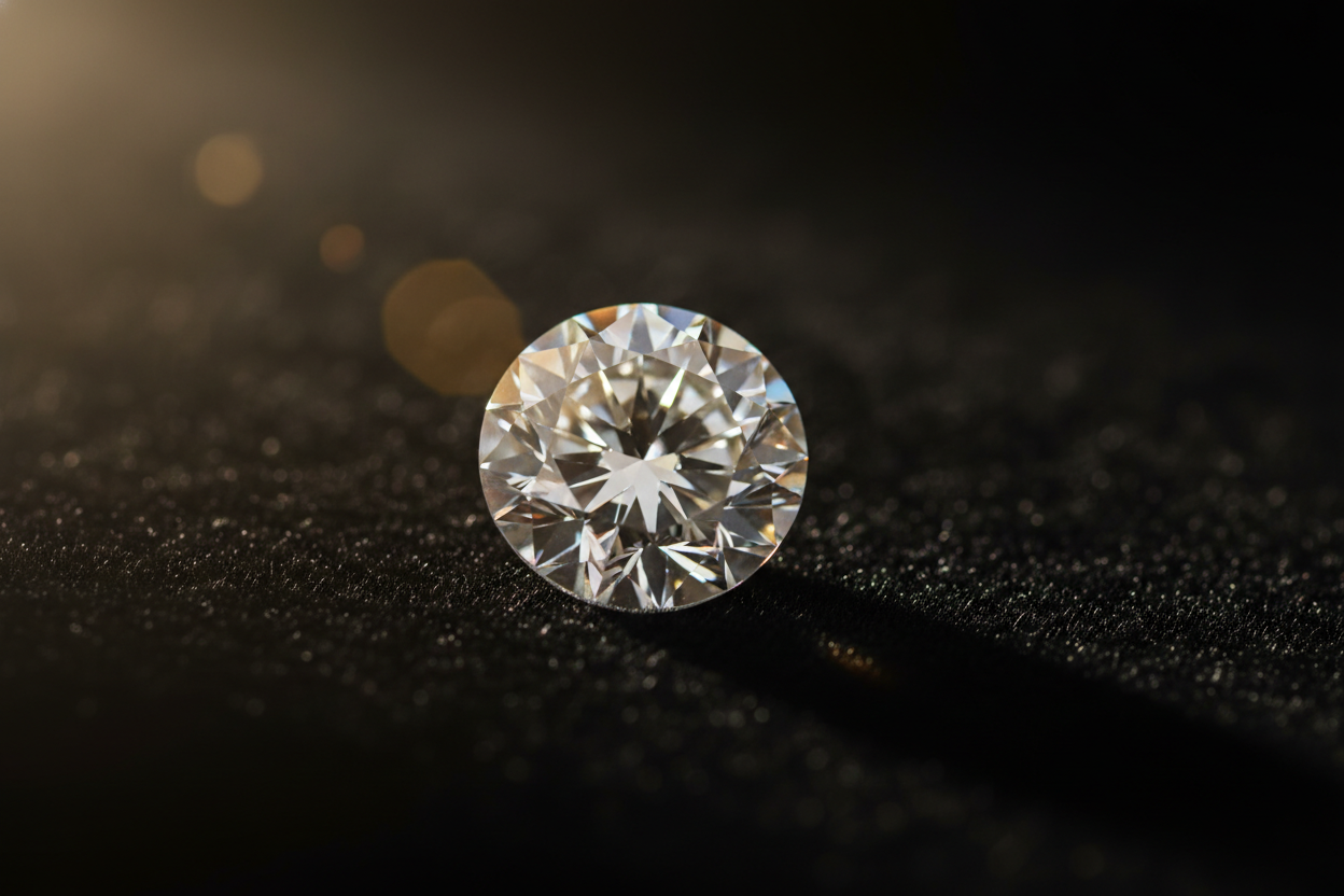 Dark studio macro shot of a loose diamond on a black cloth

Soft gold light on the diamond

Reflective shine to feel premium & ethical