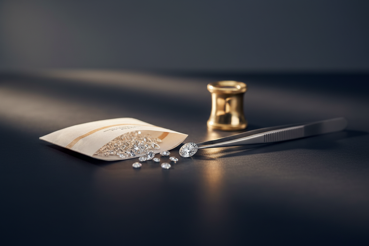 Diamond parcel, tweezers, loupe

Clean atelier look

Not too bright — luxury dark tone