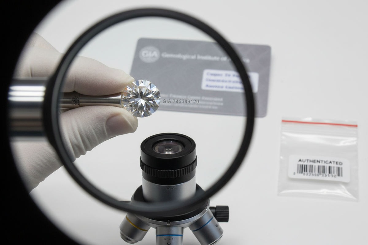 genrate image Laser-Inscribed Security Many SKAD diamonds include a microscopic laser inscription that links the stone to its certificate — a hidden security feature visible only under magnification.