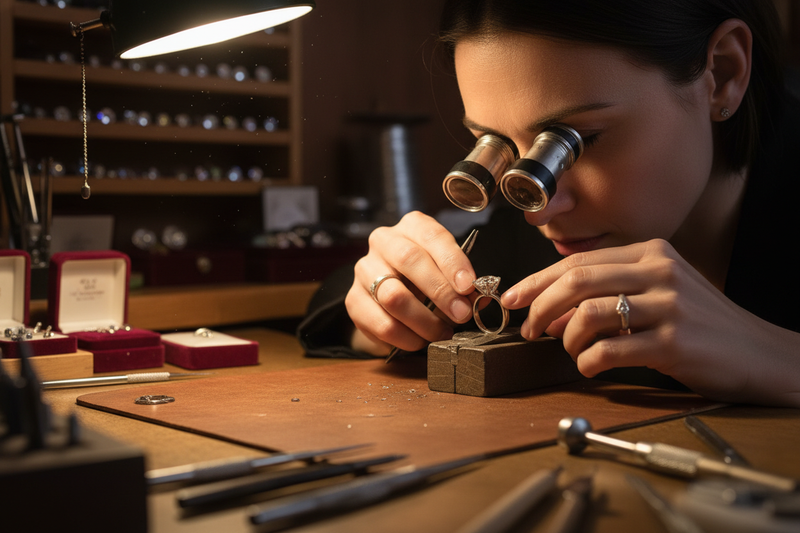 Jeweler adjusting prongs under magnifier
