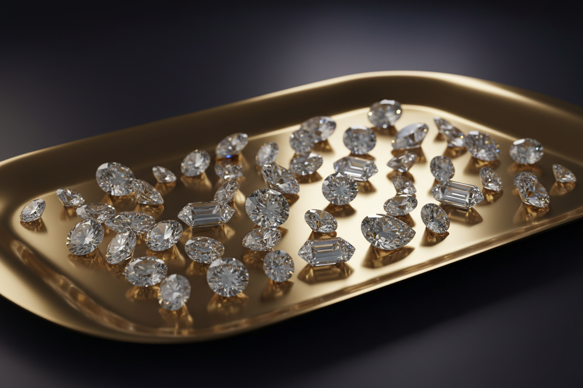Tools

Diamonds in tray

Soft gold reflection

Dark moody background