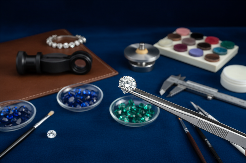 Tweezers holding a diamond deep biue and prapation