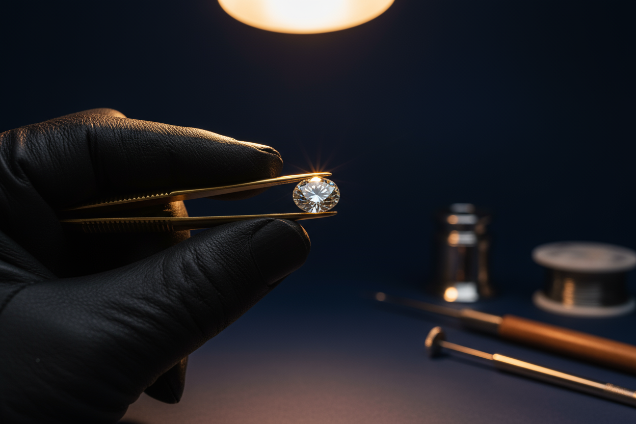 Use a dark navy background macro shot of:

A jeweler holding a diamond with tweezers

Soft gold spotlight from the top

Workshop tools blurred in the background

High contrast, luxury feel